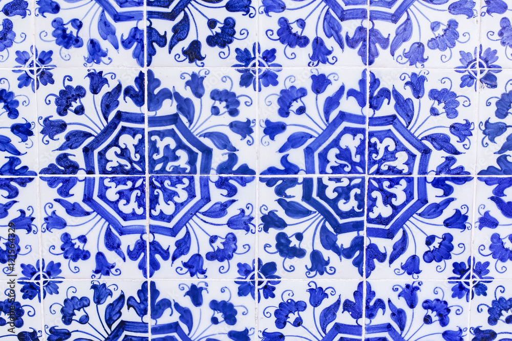 background beautiful blue and white pattern on the tile in the style azulezhu in Portugal