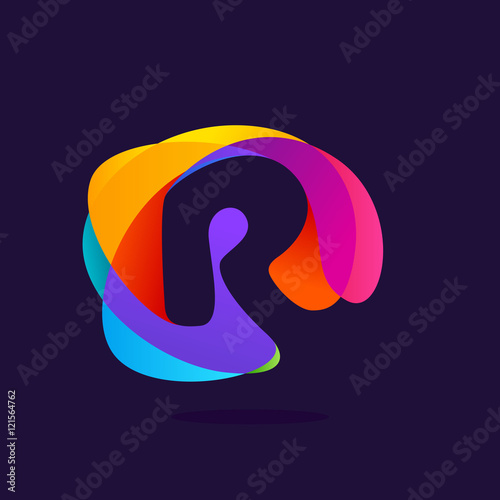 Letter R logo at colorful multicolor splash background.