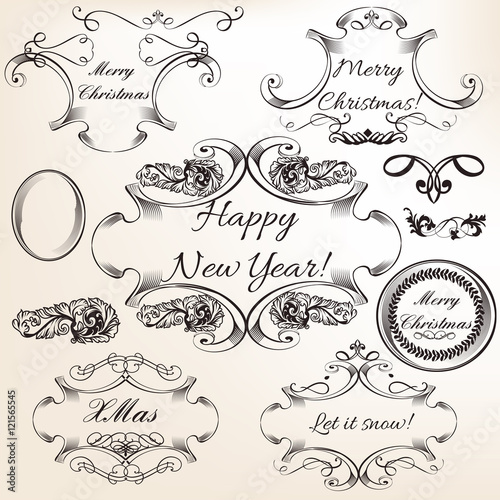 Collection of vector hand drawn flourishes in engraved style