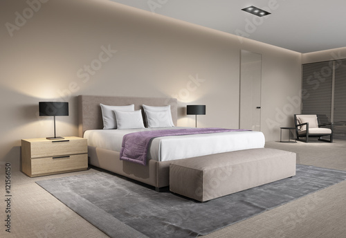 Contemporary beige bedroom with rug © Michael