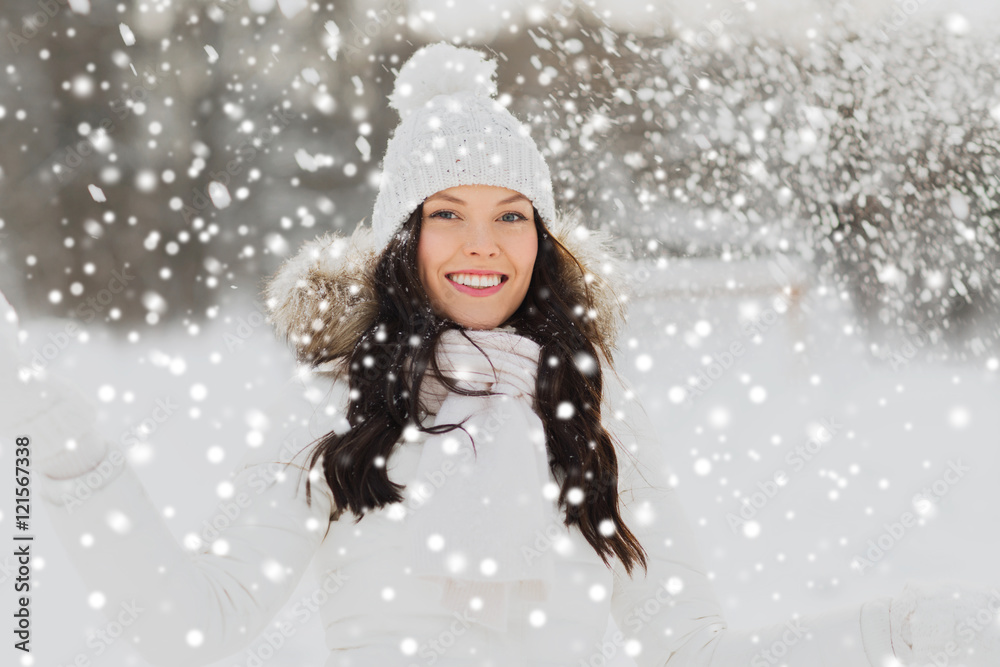happy woman with snow outdoors in winter happy woman with snow outdoors in winter
