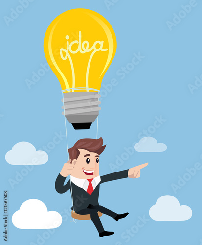 Businessman flying in air balloon with lightbulb.-vector illustr © Pugun & Photo Studio