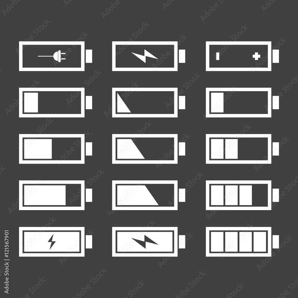 Battery charge vector icons set. Isolated on black background. Vector illustration, eps 8. Battery charge vector icons set. Isolated on black background. Vector illustration, eps 8.