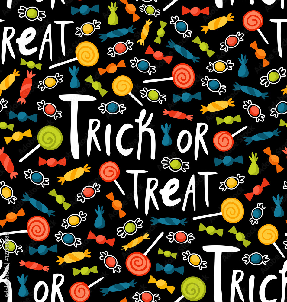 Seamless trick-or-treat pattern with various candies and lollipops. Vector illustration Seamless trick-or-treat pattern with various candies and lollipops. Vector illustration