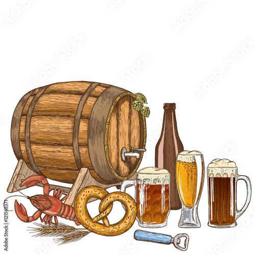 Set of beer glasses, bottle and snack. Vector stock illustration.