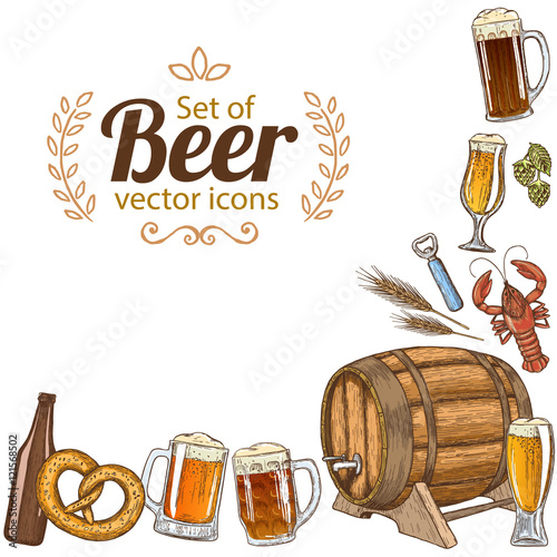 Corner frame of colorful beer icons isolated on white background. Vector stock illustration.