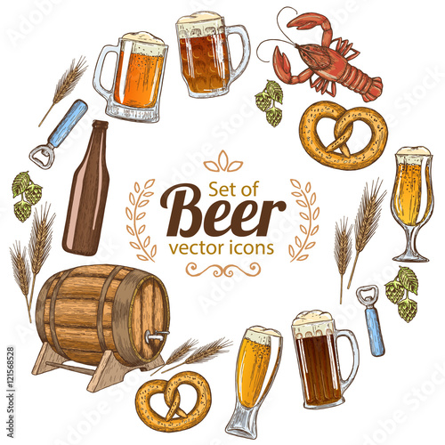 Round frame with colorful beer icons. Template for packaging, cards, posters, menu. Vector stock illustration.
