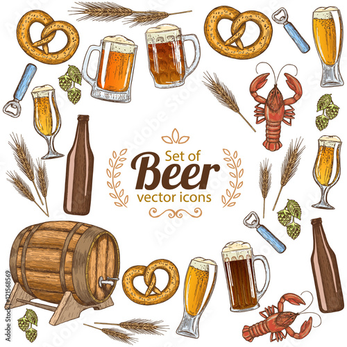 Round frame with colorful beer icons. Template for packaging, cards, posters, menu. Vector stock illustration.