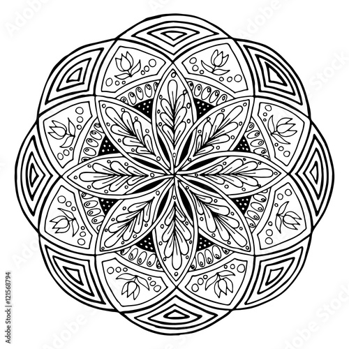 Hand-drawing mandala, round floral ornament. Pattern for coloring book or print for cloth. Vector stock illustration.
