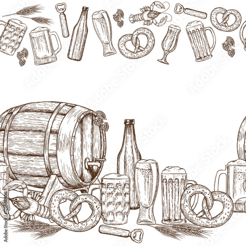 Seamless horizontal borders of sketch vintage beer icons on a white background. Vector stock illustration.