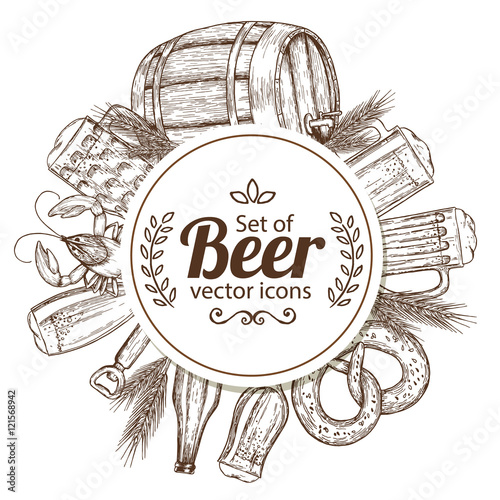 Circle shape template with sketch vintage beer icons for packaging, cards, posters, menu. Vector stock illustration.