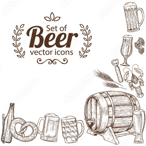 Corner frame of sketch vintage beer icons isolated on white background. Vector stock illustration.