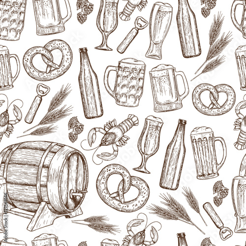 Seamless pattern of sketch vintage beer icons on a white background. Vector stock illustration.