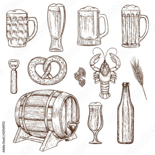 Set of beer glasses, bottle and snack icons, sketch vintage style. Vector stock illustration.