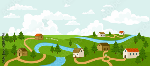 Landscape with trees, houses, roads and river, vector illustration.
