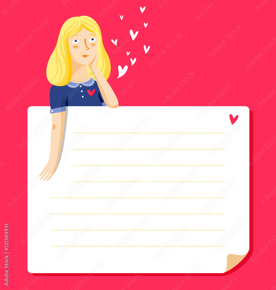 Love note template with dream girl in love Love note template with dream girl in love