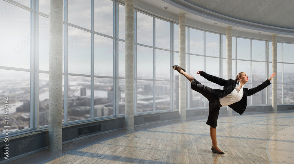 Dancing businesswoman in office . Mixed media Dancing businesswoman in office . Mixed media