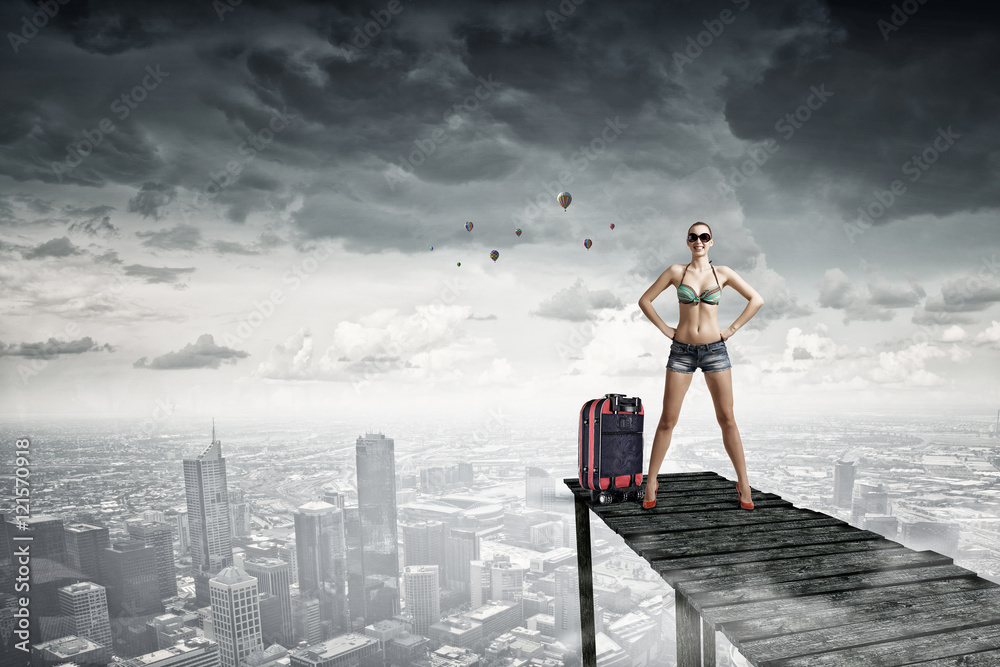 Hitch hiker woman on bridge . Mixed media Hitch hiker woman on bridge . Mixed media