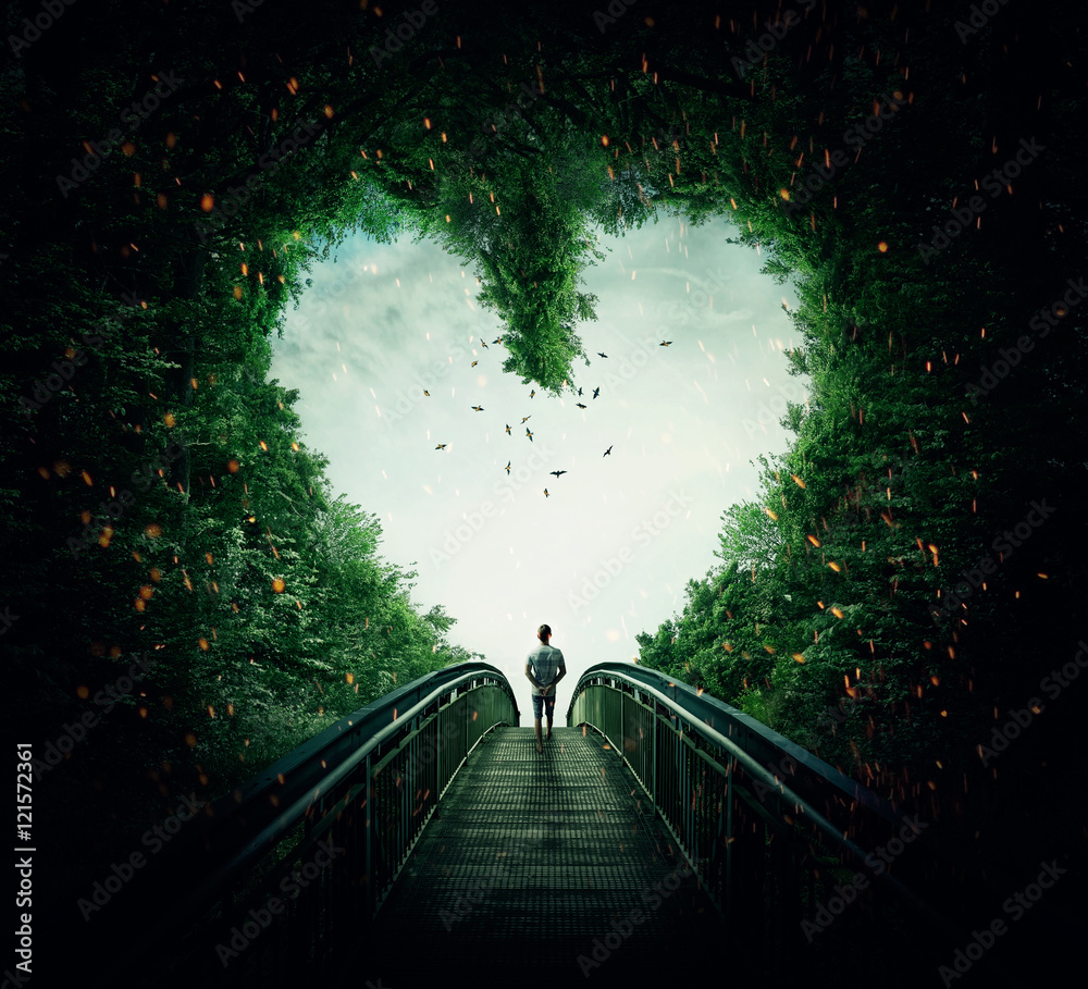 Fototapeta premium Chłopiec idzie po moście przez las w kształcie serca, podążając za światłem. Podążaj za koncepcją swojego serca