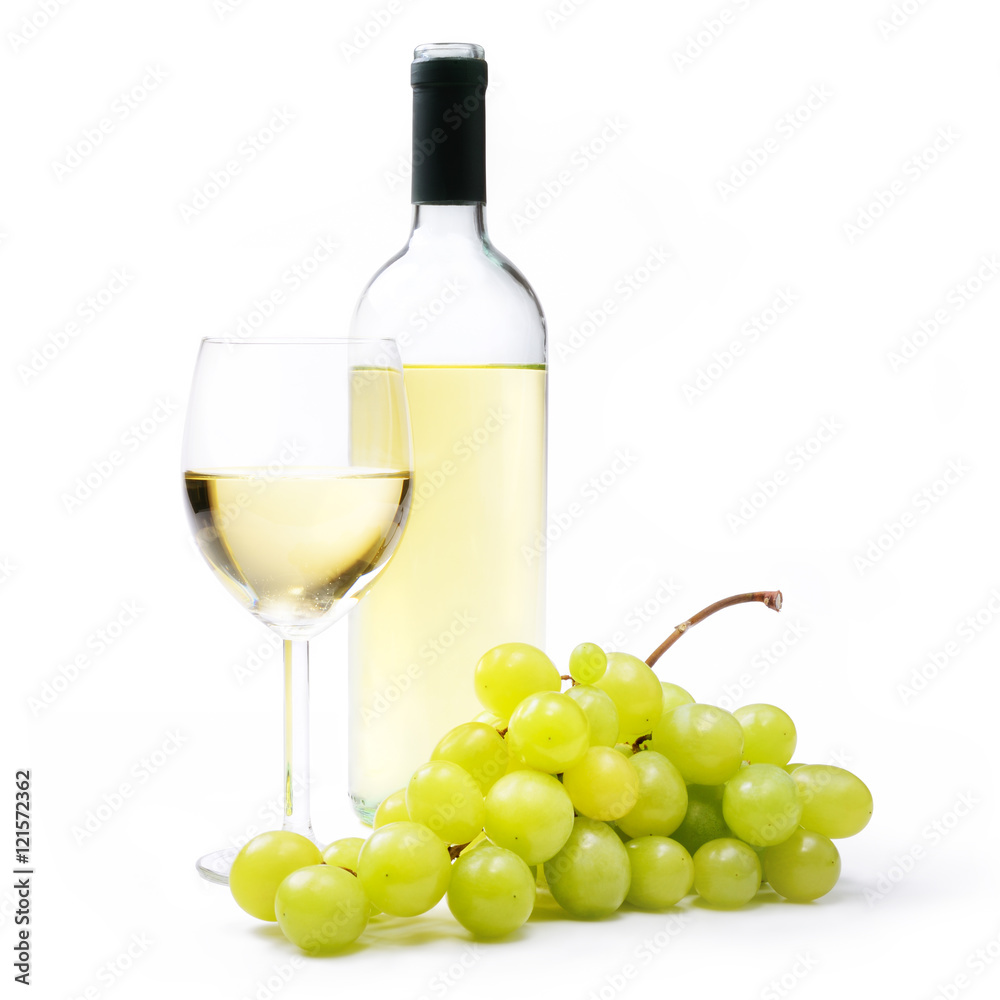 Glass and bottle of white wine with grapes Glass and bottle of white wine with grapes