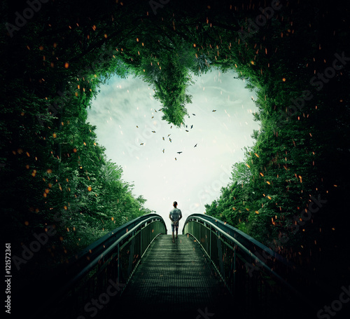 Boy walking on a bridge through the heart shape woods, following the light. Follow your heart concept