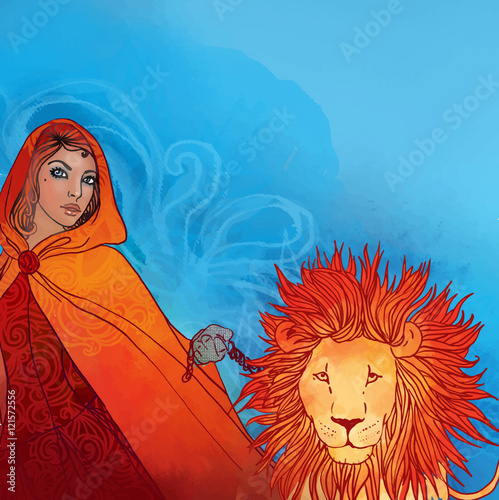 Illustration of leo zodiac sign as a beautiful girl with a lion on a lead