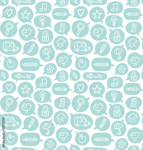 Seamless pattern with speech bubbles and various objects
