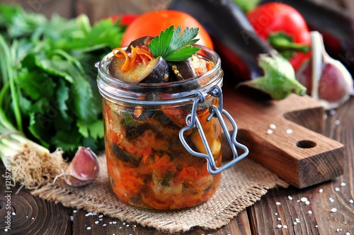Eggplant stewed with onions, carrots, tomatoes, garlic and celery.