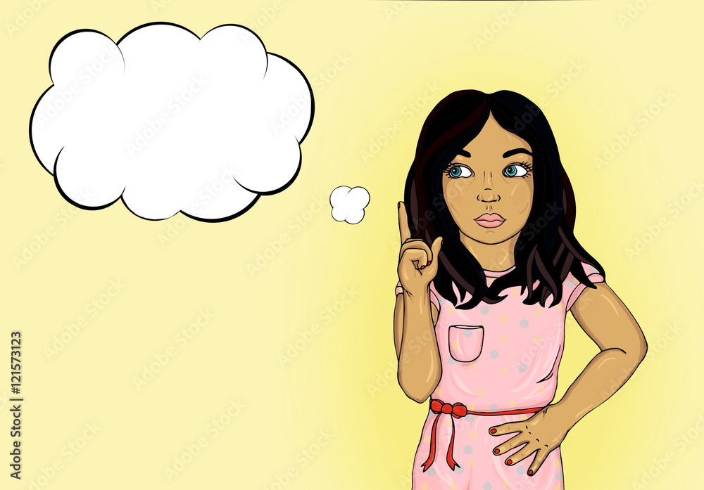 thoughtful girl points with the index finger up. thoughtful girl points with the index finger up.