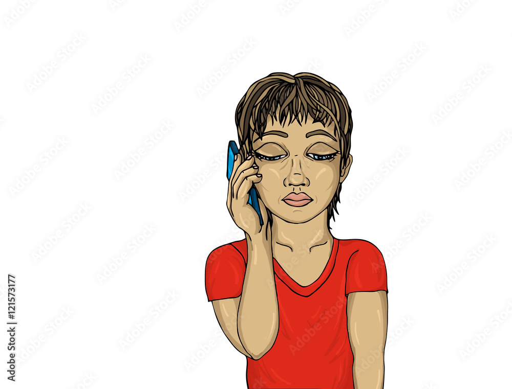 Naklejka premium Sad boy talking on the phone. He listens and looks downwards.