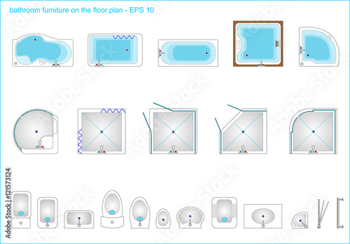 Set plumbing from baths, sinks and toilets, showers. Vector graphics
