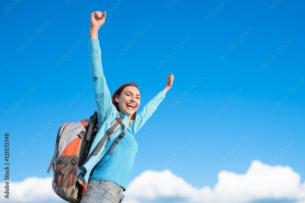 happy woman mountain hiker happy woman mountain hiker