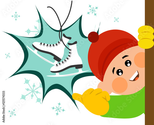 Vector illustrated cartoon cute boy showing an ice skate.