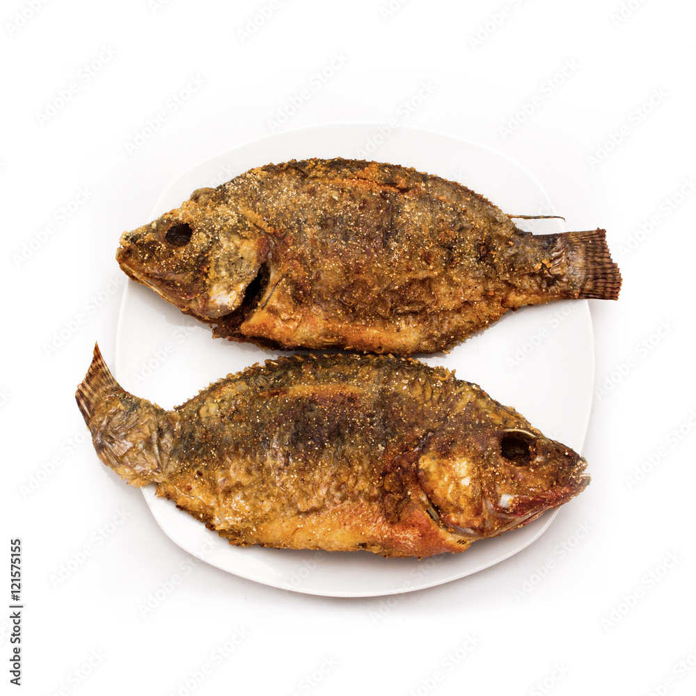 Fried Fish on White Porcelain Plate, Isolated on White Backgroun Fried Fish on White Porcelain Plate, Isolated on White Backgroun