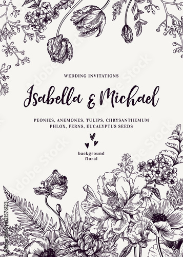 Wedding invitation with flowers.