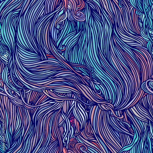 Vector color abstract hand-drawn hair pattern with waves and clo