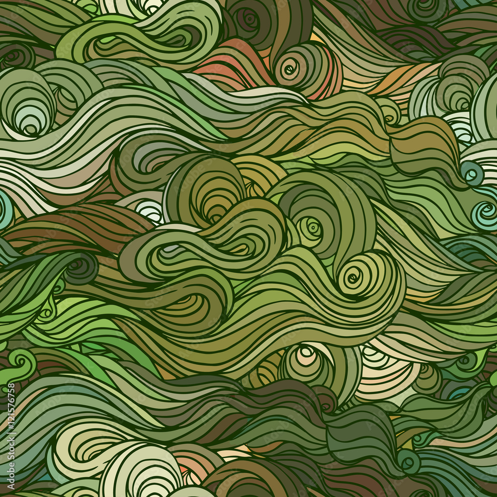 Vector color abstract hand-drawn hair pattern with waves and clo