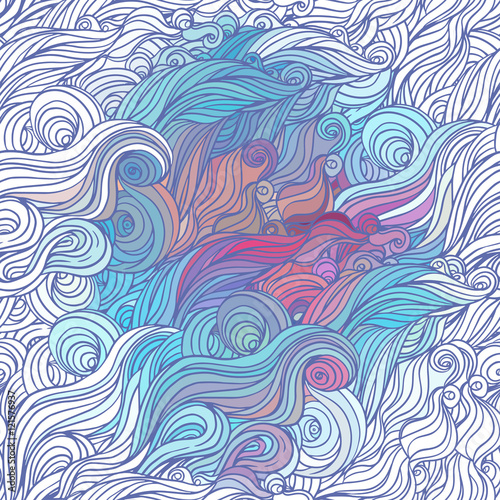 Vector color abstract hand-drawn hair pattern with waves and clo