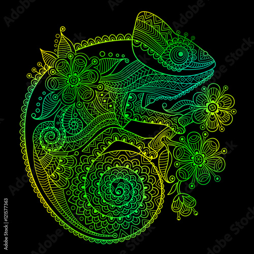 The outline vector illustration of a green chameleon on black background