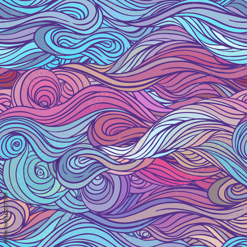 Vector color abstract hand-drawn hair pattern with waves and clo