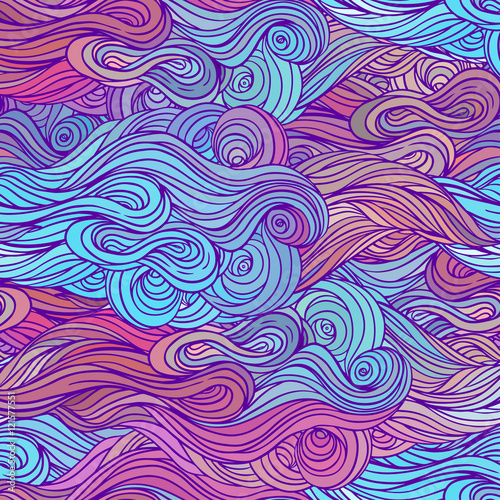 Vector color abstract hand-drawn hair pattern with waves and clo