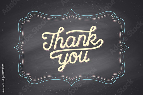 Old vintage frame with text Thank You. Greeteng card with old frame for Thanksgiving Day. Antique and baroque frame with Thank you on chalkboard background. Vector Illustration