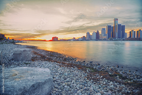 Long exposure Detroit skyline at sunset