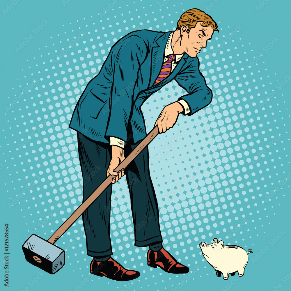 Retro businessman wants to take down a small piggy Bank Retro businessman wants to take down a small piggy Bank