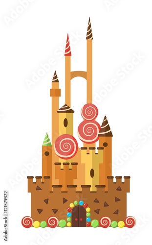 Castle cake. Cute sweet castle with high towers and candies.