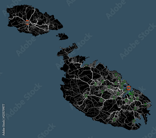Black and white map Republic of Malta. Roads