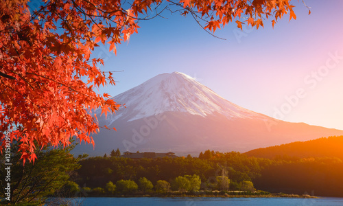 red frame of maple leaf and mt.Fuji..