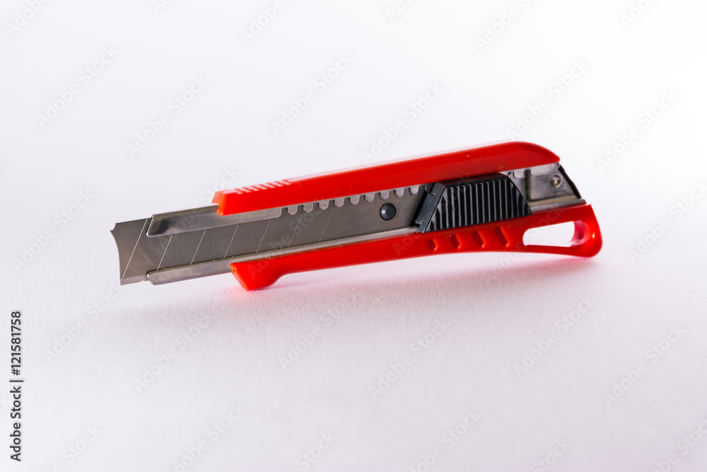 Bright Red Box Cutter Metal Blades New Clean Object White Background Bright Red Box Cutter Metal Blades New Clean Object White Background