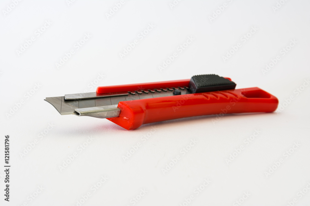Bright Red Box Cutter Metal Blades New Clean Object White Background Bright Red Box Cutter Metal Blades New Clean Object White Background