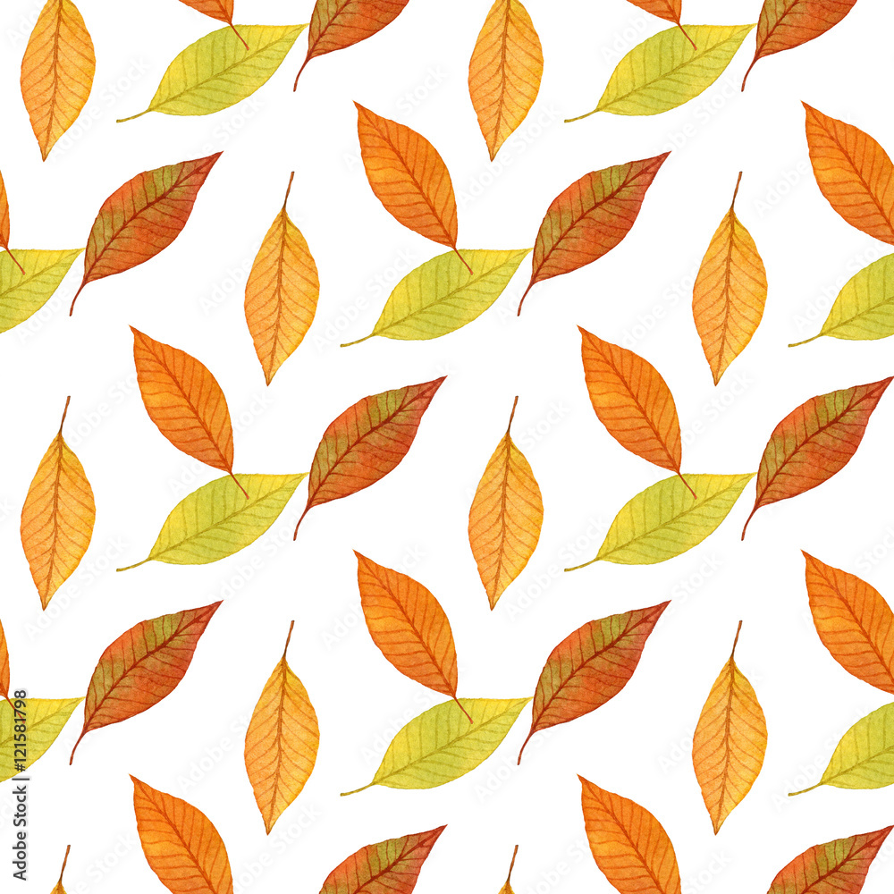 Seamless pattern of autumn leaves, watercolor hand drawn background
